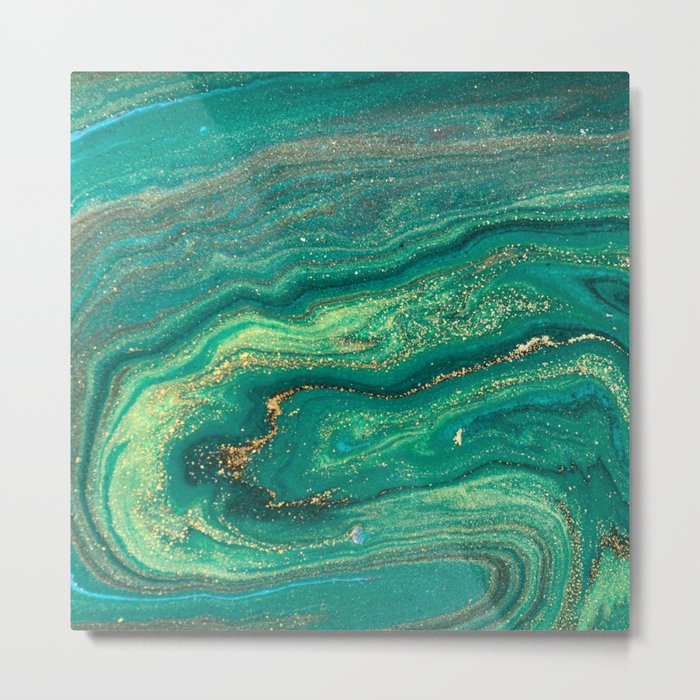 Green Marble Glitter Gold Fluid Painting Pouring Jupiter Surface Glamorous Shiny Metallic Accents Metal Print