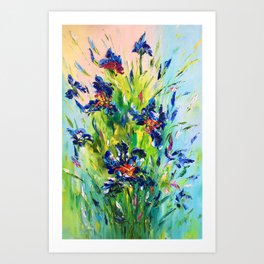 Azure summer irises. Gorgeous bouquet of blue flowers. Art Print | Warmday, Brightcolors, Charmingbouquet, Magicalirises, Summerpainting, Painting, Younggreenery, Blueirises, Goodmood, Gorgeousbouquet 