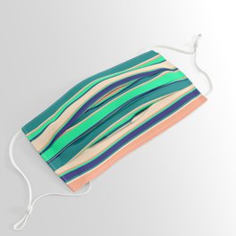 [ Thumbnail: Vibrant Light Salmon, Green, Midnight Blue, Teal, and Bisque Colored Pattern of Stripes Face Mask ]