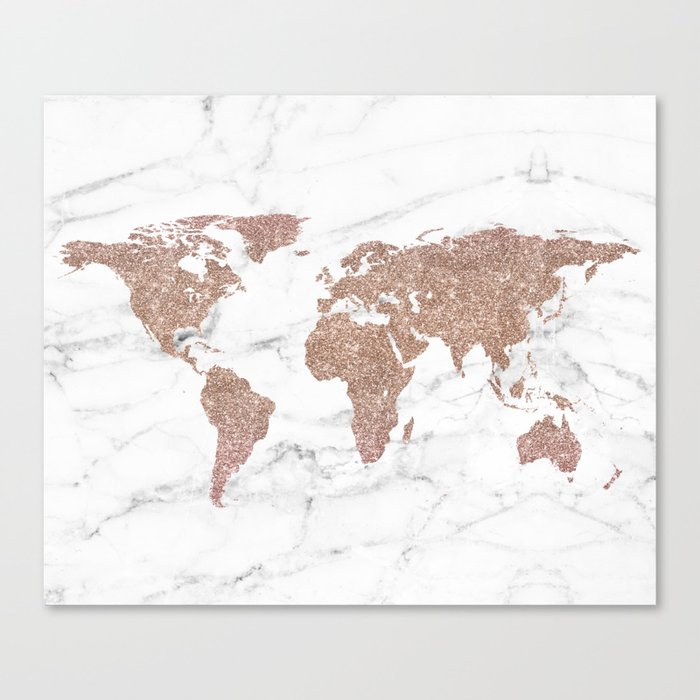 Rose Gold Glitter World Map on Marble Canvas Print by iconicole Society6
