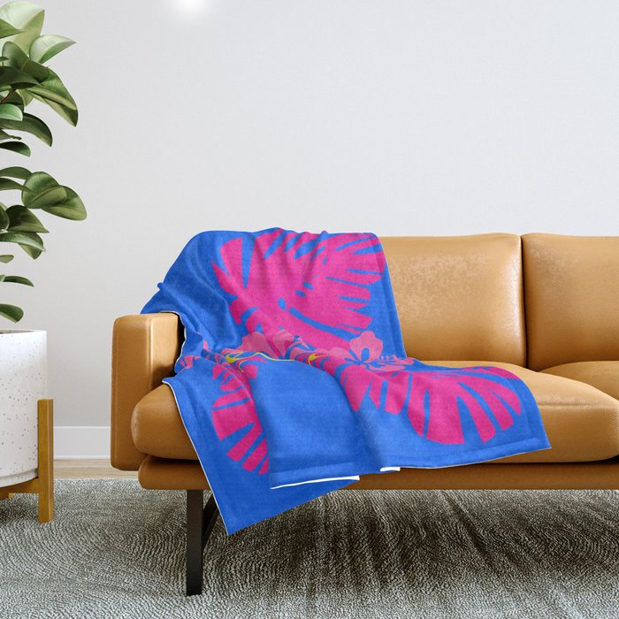 Aloha! with Lush Bright Pink Tropical Leaves, Flowers, and Blue Skies  Throw Blanket