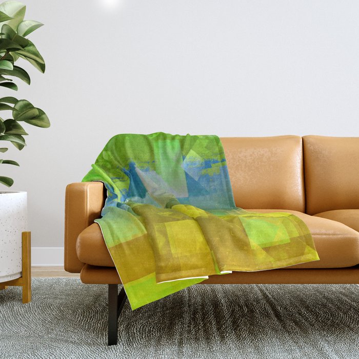 geometric pixel square pattern abstract background in green blue yellow Throw Blanket