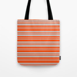 [ Thumbnail: Red and Grey Colored Lined Pattern Tote Bag ]