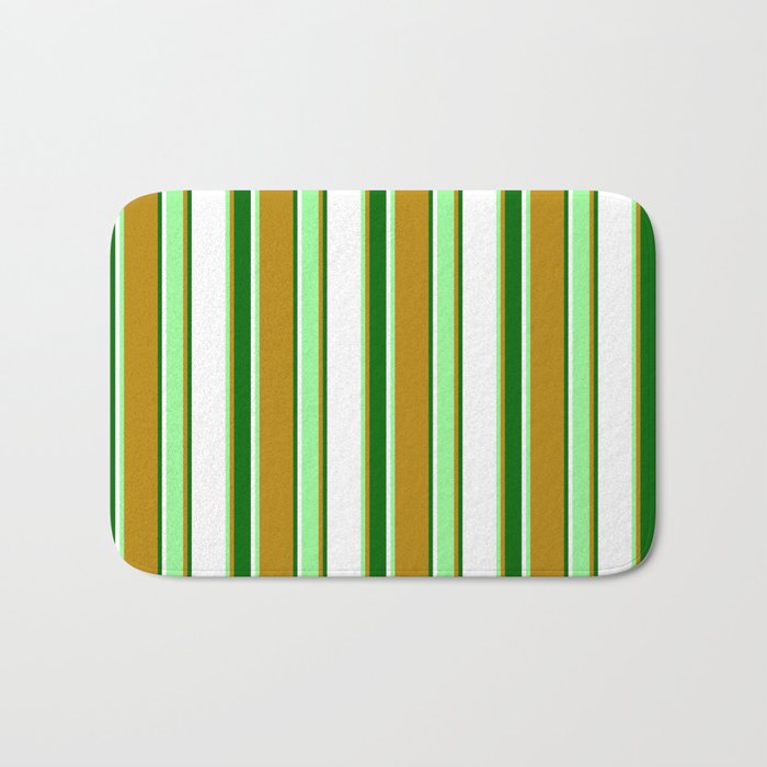 Dark Goldenrod, Green, White & Dark Green Colored Striped Pattern Bath Mat
