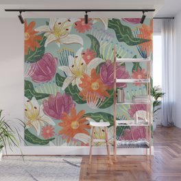mint watercolor floral pattern Wall Mural