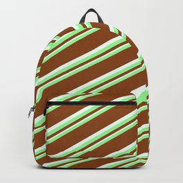[ Thumbnail: Green, Brown & Mint Cream Colored Lines Pattern Backpack ]