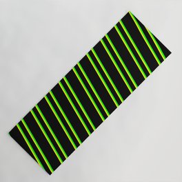 [ Thumbnail: Black, Yellow, and Lime Colored Pattern of Stripes Yoga Mat ]