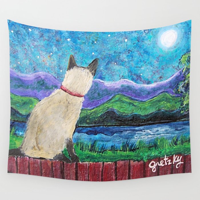 Siamese Cat In The Moonlight Painting Wall Tapestry By