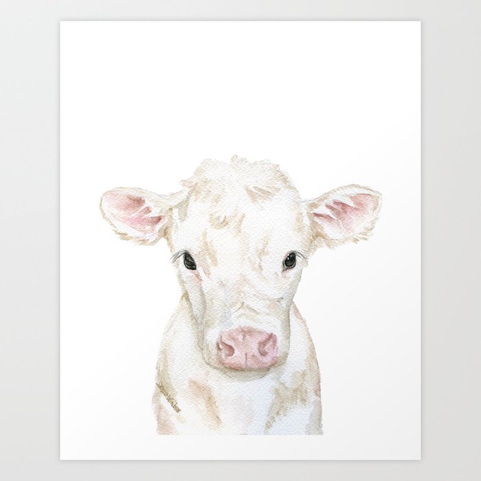 Baby White Cow Calf Watercolor Farm Animal Art Print
