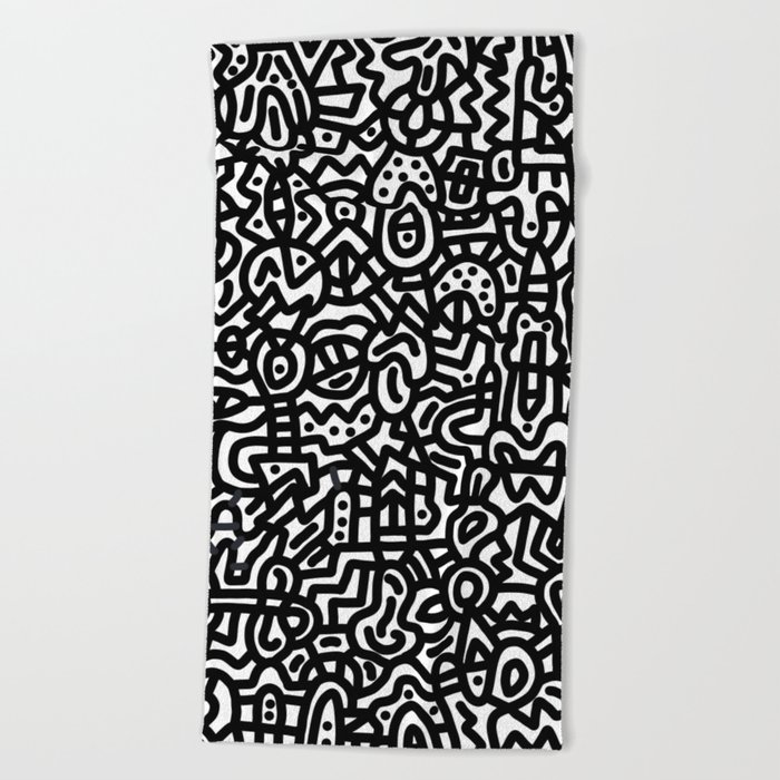 Black on White Doodles Beach Towel