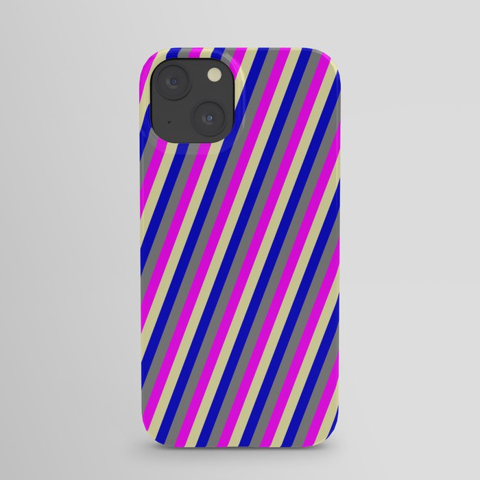 Pale Goldenrod, Blue, Grey, and Fuchsia Colored Stripes Pattern iPhone Case