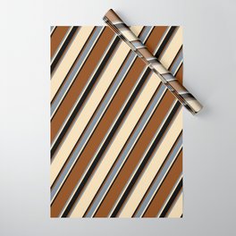 [ Thumbnail: Brown, Light Slate Gray, Tan, and Black Colored Lined/Striped Pattern Wrapping Paper ]