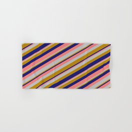[ Thumbnail: Light Coral, Grey, Dark Goldenrod & Midnight Blue Colored Lines Pattern Hand & Bath Towel ]
