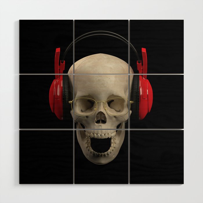 Skull in the headphones wearing glasses Wood Wall Art