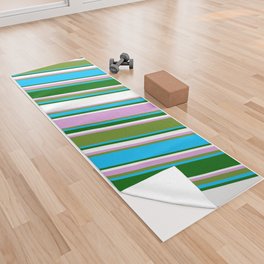[ Thumbnail: Eye-catching Plum, Green, Deep Sky Blue, Dark Green, and White Colored Lined/Striped Pattern Yoga Towel ]