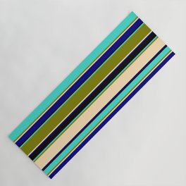[ Thumbnail: Turquoise, Green, Beige, Blue & Black Colored Striped/Lined Pattern Yoga Mat ]