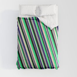 [ Thumbnail: Eyecatching Green, Bisque, Midnight Blue, Dark Grey, and Black Colored Lines/Stripes Pattern Comforter ]