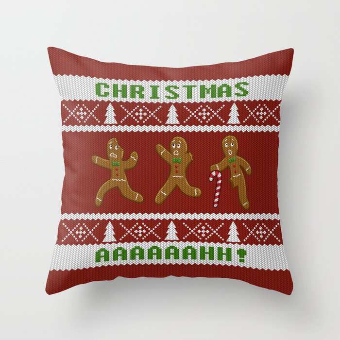 Ugly Christmas Sweater Scared Gingerbread Men Red Throw Pillow