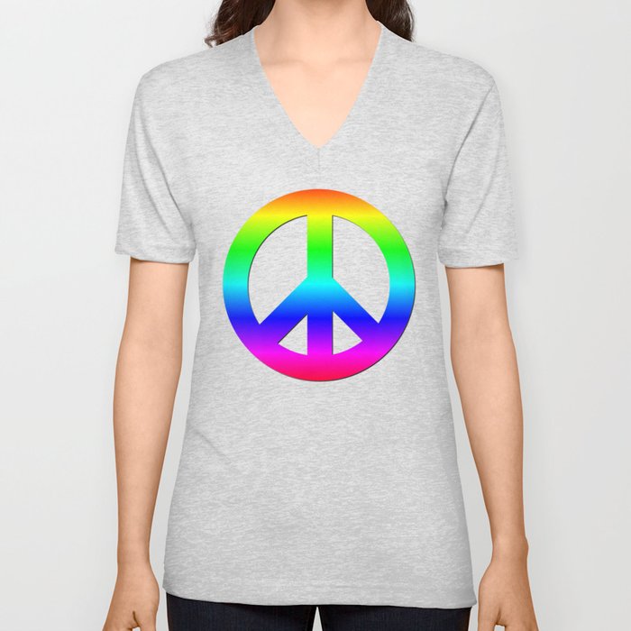 Bright Neon Rainbow CND Peace Symbol V Neck T Shirt