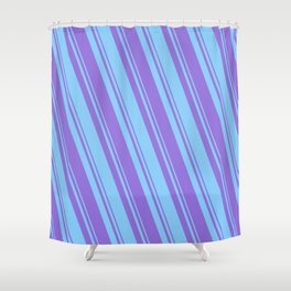 [ Thumbnail: Light Sky Blue & Purple Colored Striped/Lined Pattern Shower Curtain ]