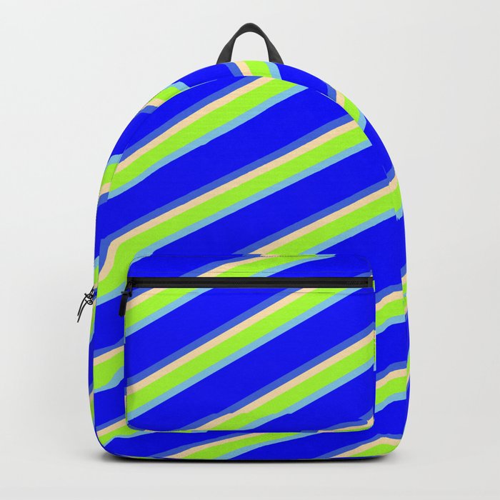 Beige, Light Green, Sky Blue, Blue & Royal Blue Colored Pattern of Stripes Backpack
