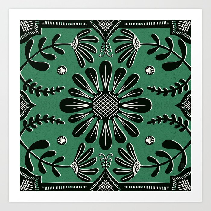Boho Florals Black Emerald Art Print