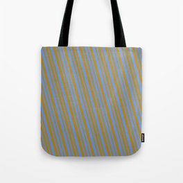 [ Thumbnail: Cornflower Blue and Dark Goldenrod Colored Pattern of Stripes Tote Bag ]