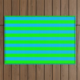 [ Thumbnail: Deep Sky Blue & Lime Colored Stripes Pattern Outdoor Rug ]