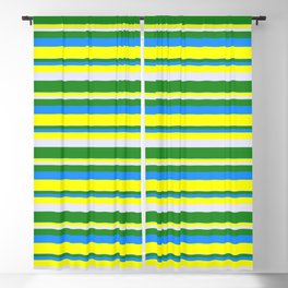 [ Thumbnail: Lavender, Forest Green, Blue & Yellow Colored Striped Pattern Blackout Curtain ]