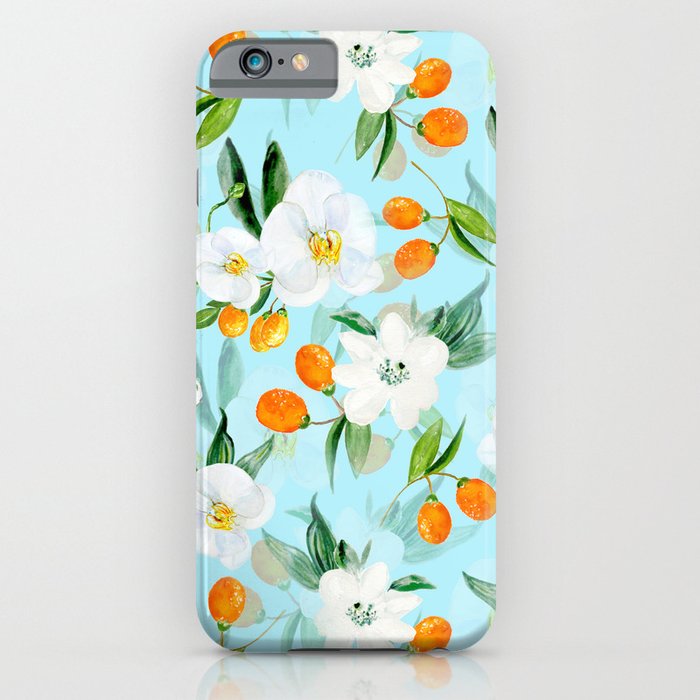 mediterranean summer kumquat and orchid branches on turquoise iPhone Case