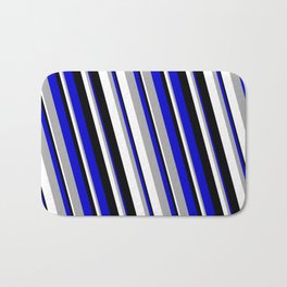 [ Thumbnail: Blue, Dark Grey, White, and Black Colored Stripes/Lines Pattern Bath Mat ]