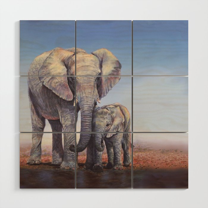 Elephants Mom Baby Wood Wall Art