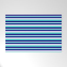[ Thumbnail: Turquoise, Blue, and Lavender Colored Lined Pattern Welcome Mat ]
