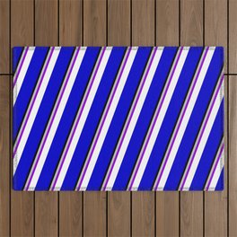 [ Thumbnail: Colorful Grey, Dark Violet, White, Blue & Black Colored Stripes Pattern Outdoor Rug ]