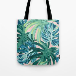 Tropical Monstera Palm Leaves on Pink Tote Bag