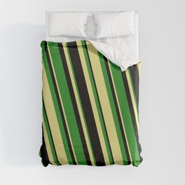 [ Thumbnail: Black, Forest Green, and Tan Colored Stripes Pattern Duvet Cover ]