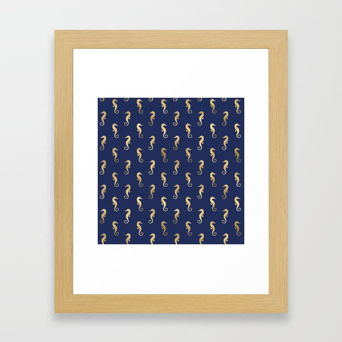 Blue & Gold Cute Seahorse Pattern Framed Art Print
