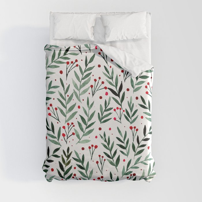 Festive watercolor branches - green and red Duvet Cover