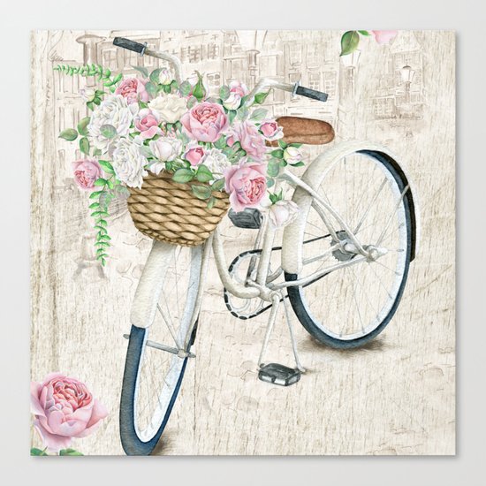 White bike & roses Canvas Print
