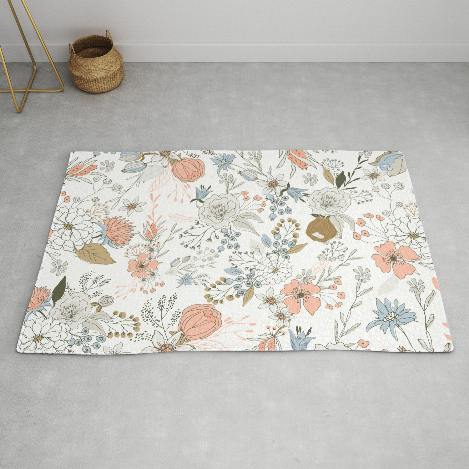 Abstract Modern Coral White Pastel Rustic Floral Rug By Pink Water