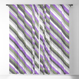 [ Thumbnail: Eye-catching Grey, White, Purple, Dark Olive Green, and Black Colored Lined/Striped Pattern Sheer Curtain ]