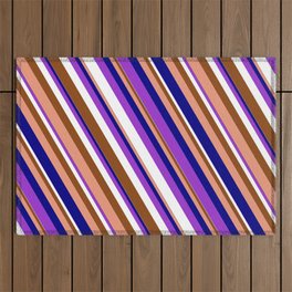 [ Thumbnail: Eye-catching Dark Orchid, White, Brown, Dark Salmon & Blue Colored Stripes Pattern Outdoor Rug ]