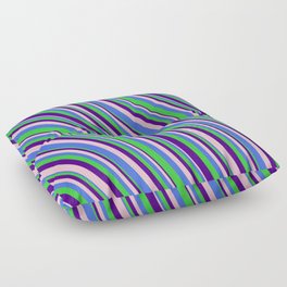 [ Thumbnail: Pink, Royal Blue, Lime Green, and Indigo Colored Lined/Striped Pattern Floor Pillow ]