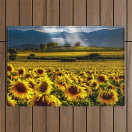 Tuscany Sunflowers and Sunflower Fields with Rays of Sunlight color photography / photographs Outdoor Rug