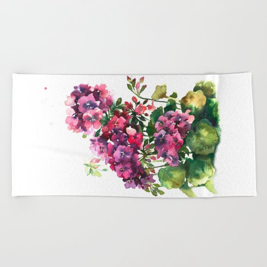 Watercolor geranium red pink flowers Beach Towel