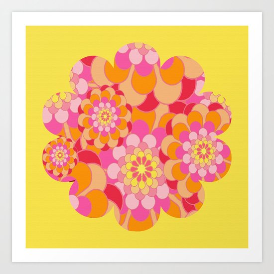 Summer Essence Bright Hippy Flowers On Yellow Art Print
