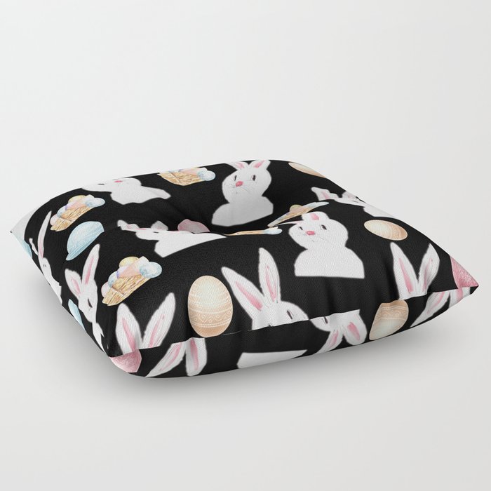 Easter Bunny And Eggs Large Print Pattern- Black Floor Pillow
