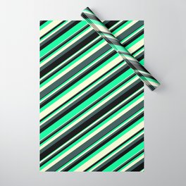 [ Thumbnail: Green, Light Yellow, Dark Slate Gray & Black Colored Lined/Striped Pattern Wrapping Paper ]