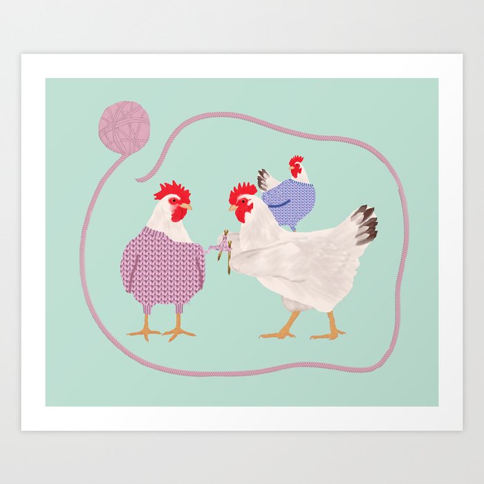 Chickens Knitting Art Print
