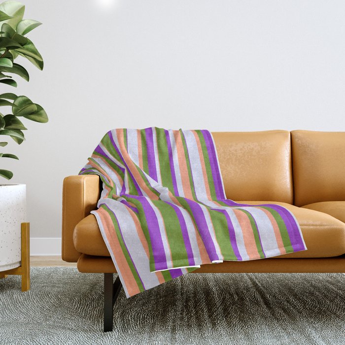 Green, Light Salmon, Lavender & Dark Orchid Colored Stripes Pattern Throw Blanket